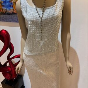 St. John Cream Beaded  Tank with Brocade Skirt suit set 6 8 paillettes evening
